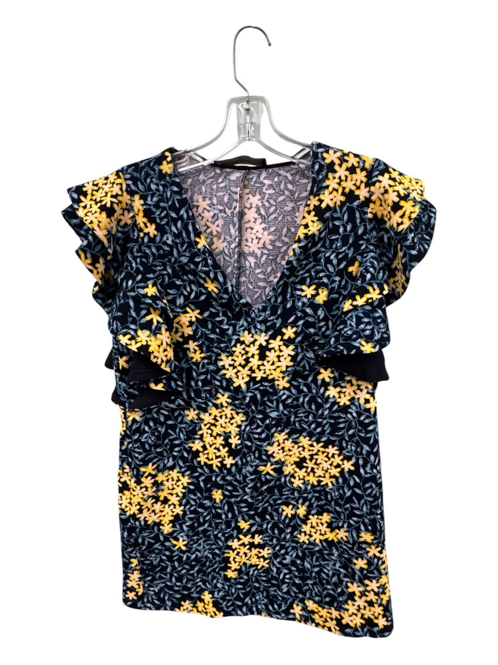 IC COLLECTION Yellow Floral V-Neck Flutter Sleeve Top on Navy